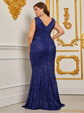 Plus Deep V Sleeveless Sequin Formal Dresses - Elonnashop